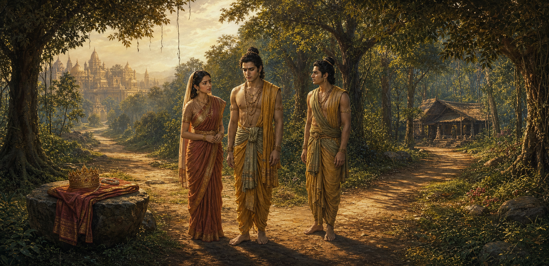 Rama, Sita, and Lakshmana pause at a forest crossroads while a crown and ceremonial cloth lie on a nearby stone.