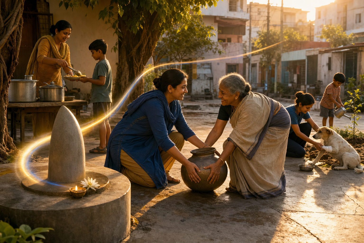 People in a neighborhood courtyard help an older adult with water, serve food, tend an injured dog, and water a sapling near a small lamp-lit shrine.