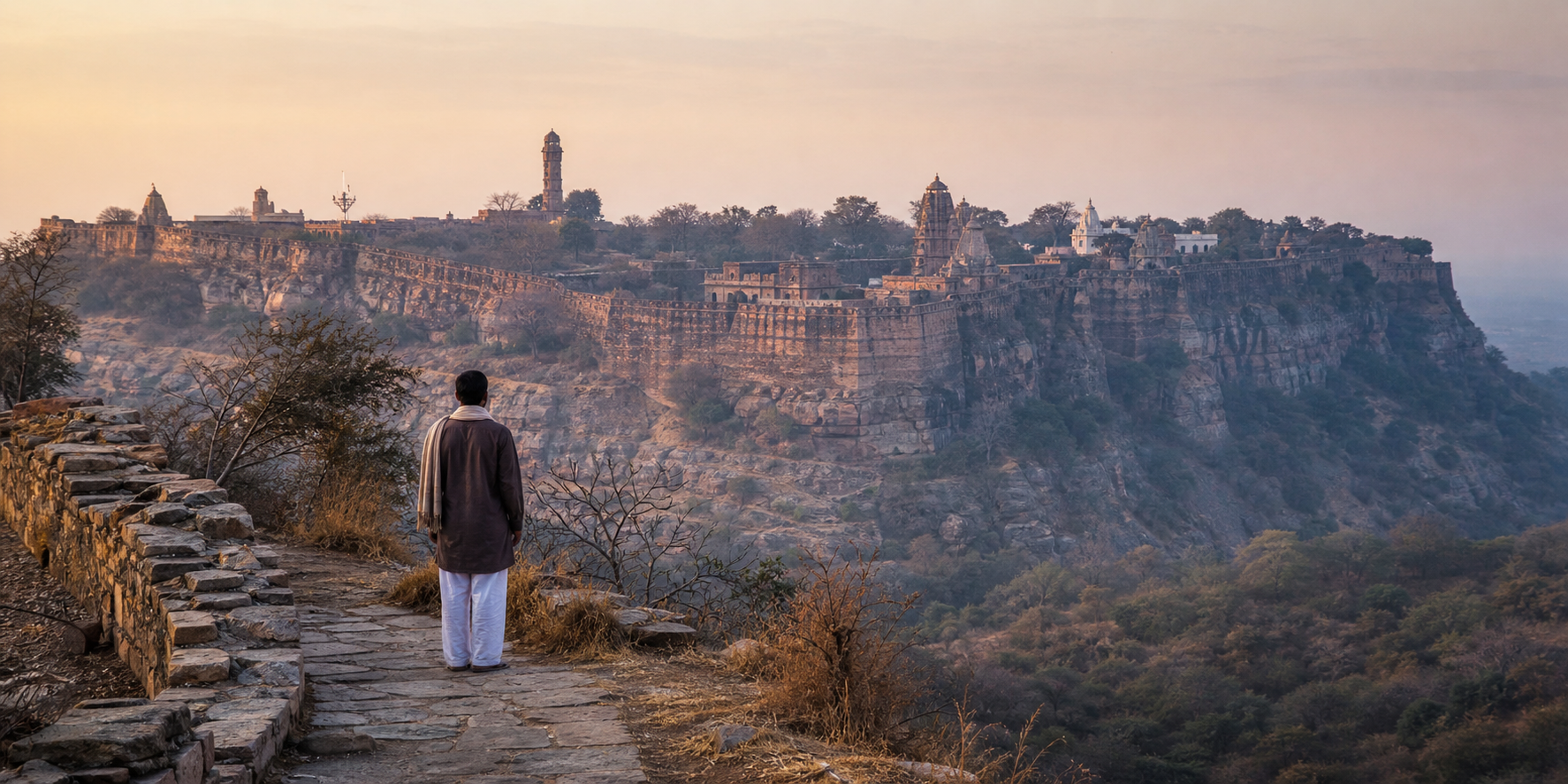 A lone visitor looks toward Chittorgarh Fort as dawn light reaches the ramparts and ruins on the rocky plateau.