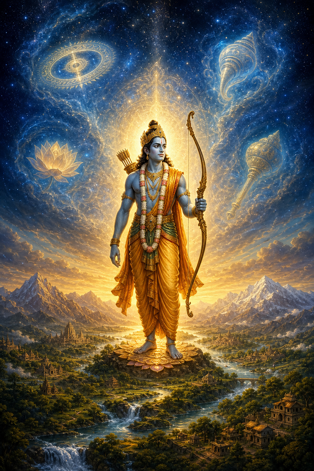 A radiant Rama stands between the earth and a starry sky, surrounded by subtle celestial forms of Vishnu's traditional emblems.