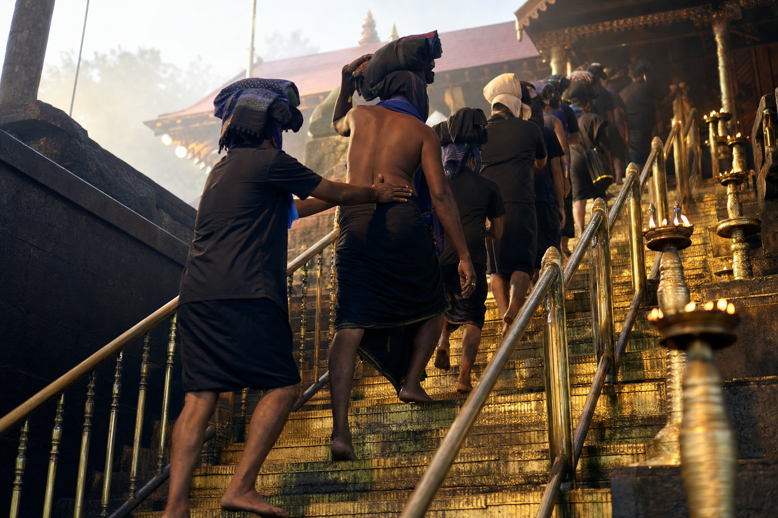 Barefoot Sabarimala pilgrims carrying irumudi bundles climb the sacred gold-toned 18 steps toward a lit temple threshold.