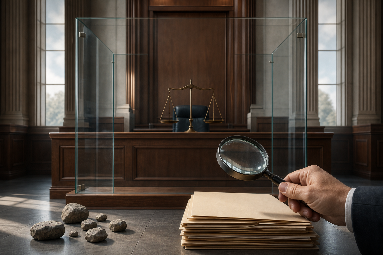 An empty courtroom bench sits behind transparent glass beside a magnifying glass, evidence folders, and stones on the floor.