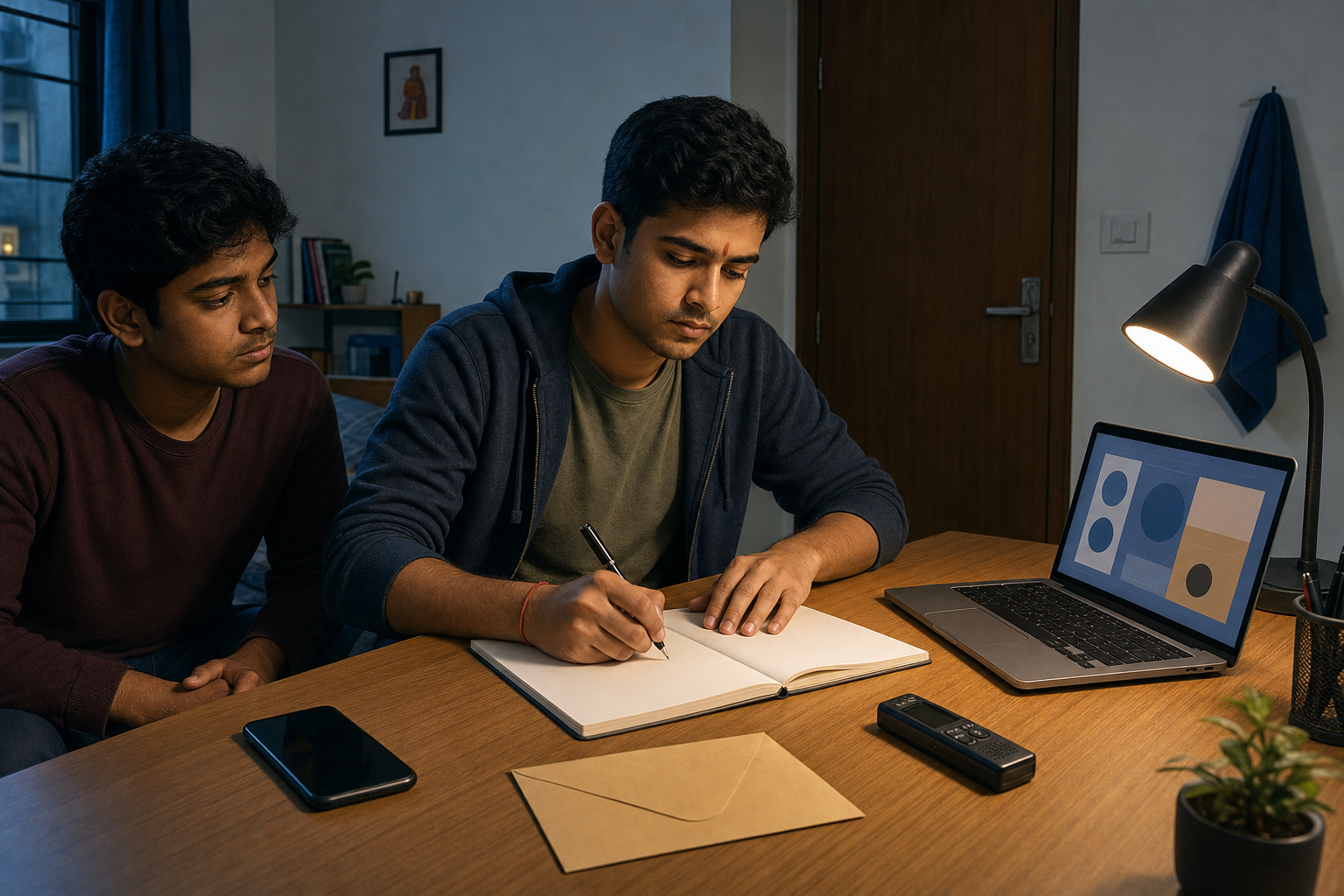 A Hindu student and a supportive friend organize a notebook, phone, laptop, envelope, and recorder at a hostel desk.