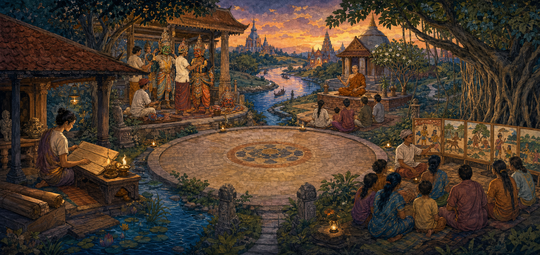Several connected spaces show a manuscript, regional performers, a Buddhist storyteller, and village listeners participating in different Rama traditions.