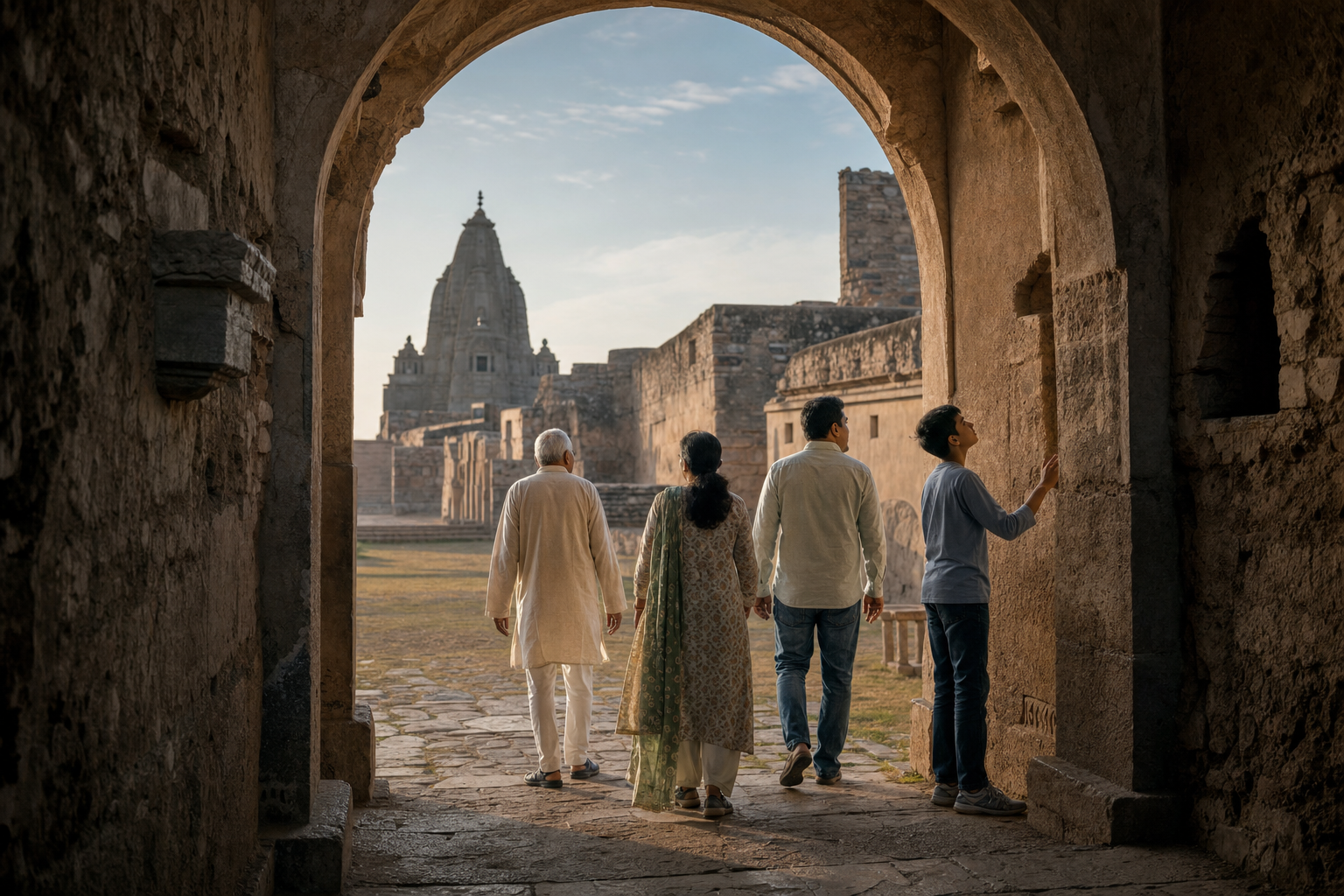 Three generations of an Indian family walk through a stone gateway into a sunlit courtyard at Chittorgarh Fort.