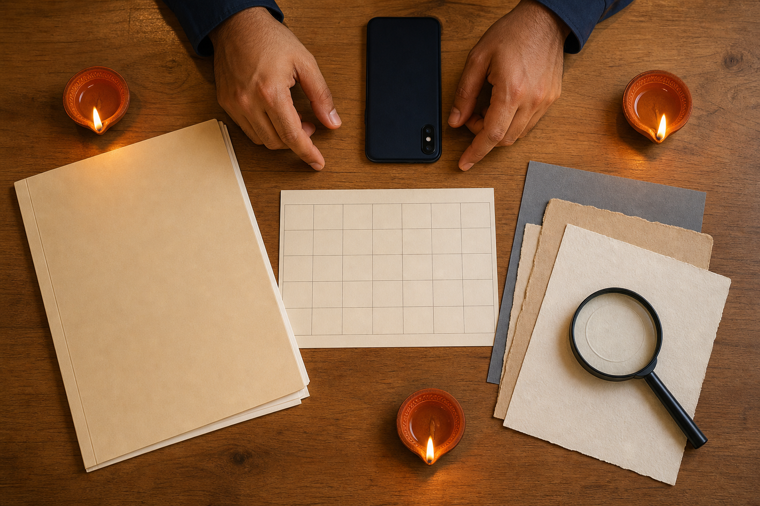 Hands compare blank case materials and source sheets on a desk while a smartphone remains face down beside three clay lamps.