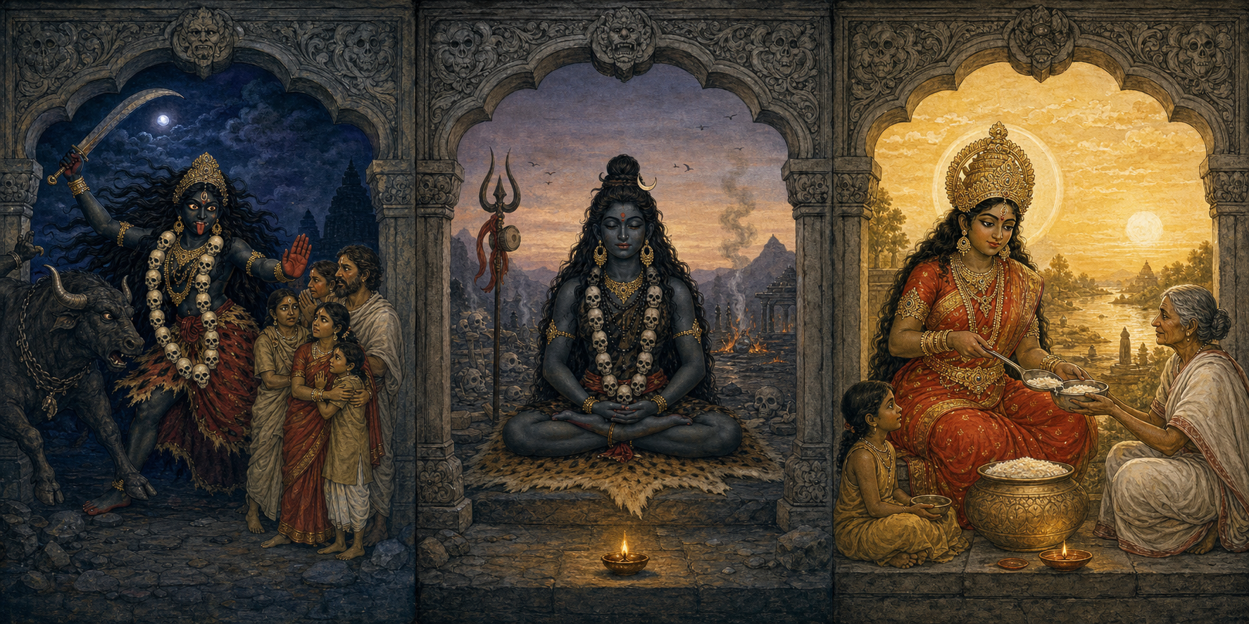 Three panels show a fierce goddess shielding families from a demon, an austere goddess meditating beside a small lamp, and a maternal goddess serving food.