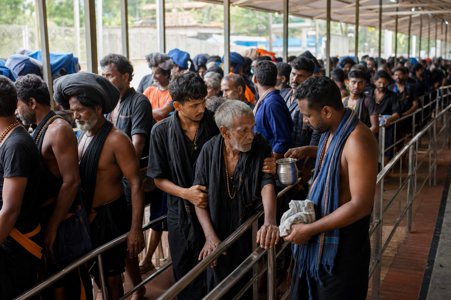 Pilgrims wait in an orderly covered queue, where younger devotees assist an older man and share water.