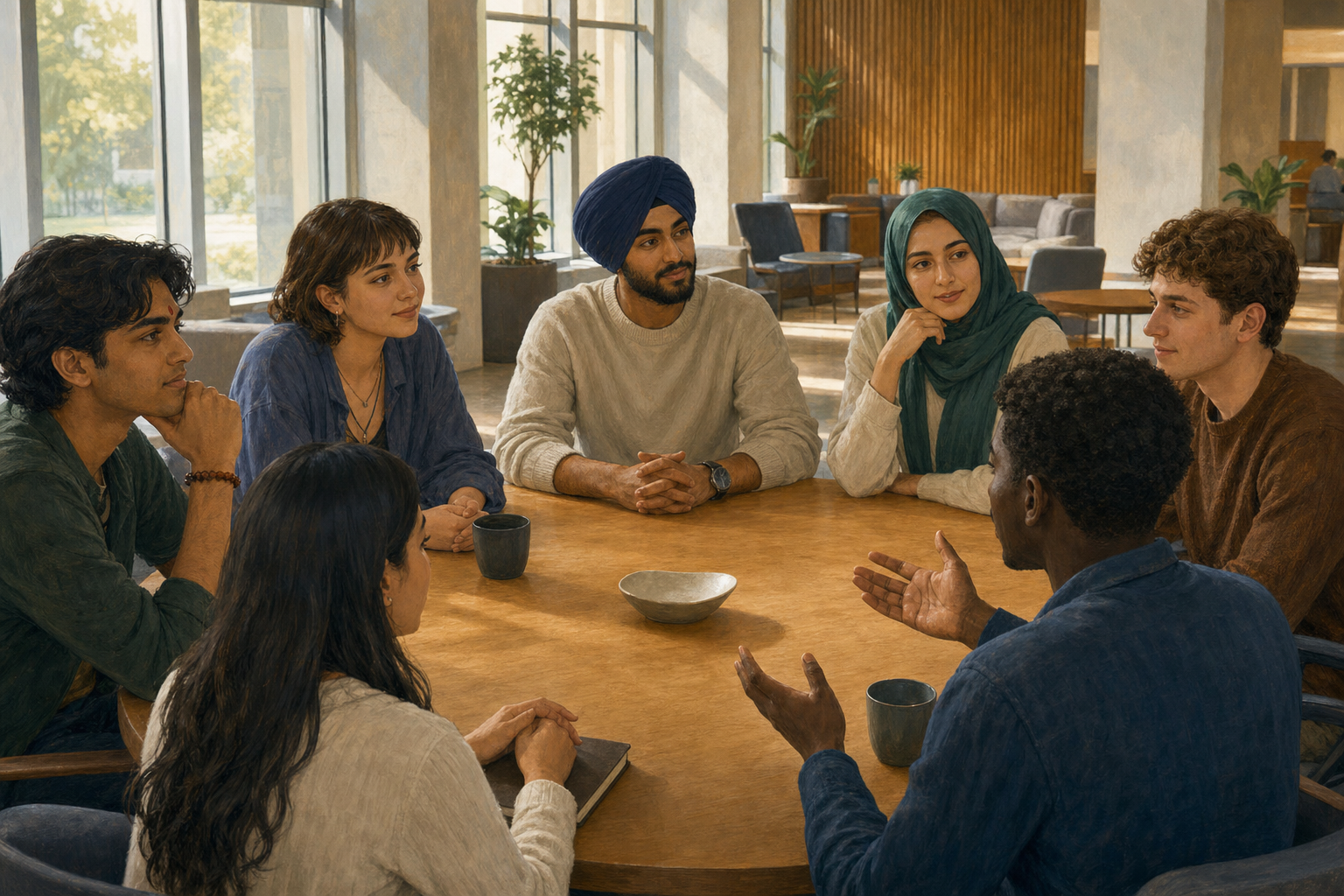 Students of different faiths and backgrounds sit in equal places around a round table and listen respectfully to one another.