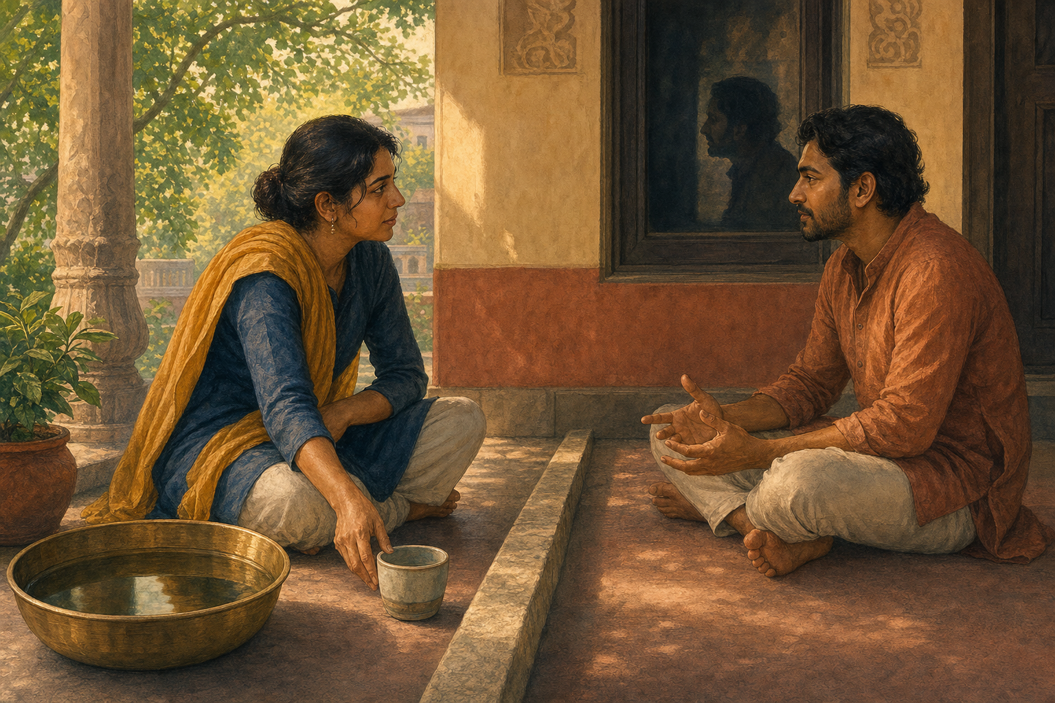 Two adults sit facing each other on a shaded veranda, with a brass water bowl and a low stone threshold between them.