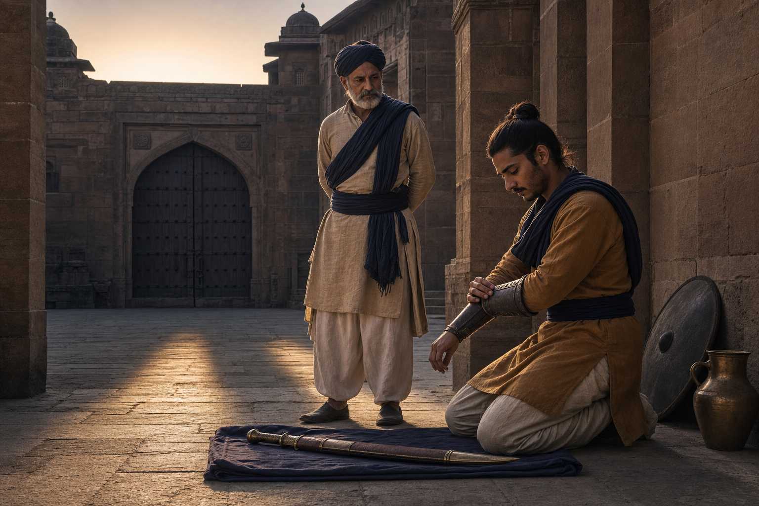 A young fort guardian kneels beside a sheathed sword while an older mentor watches in a quiet stone courtyard before sunrise.