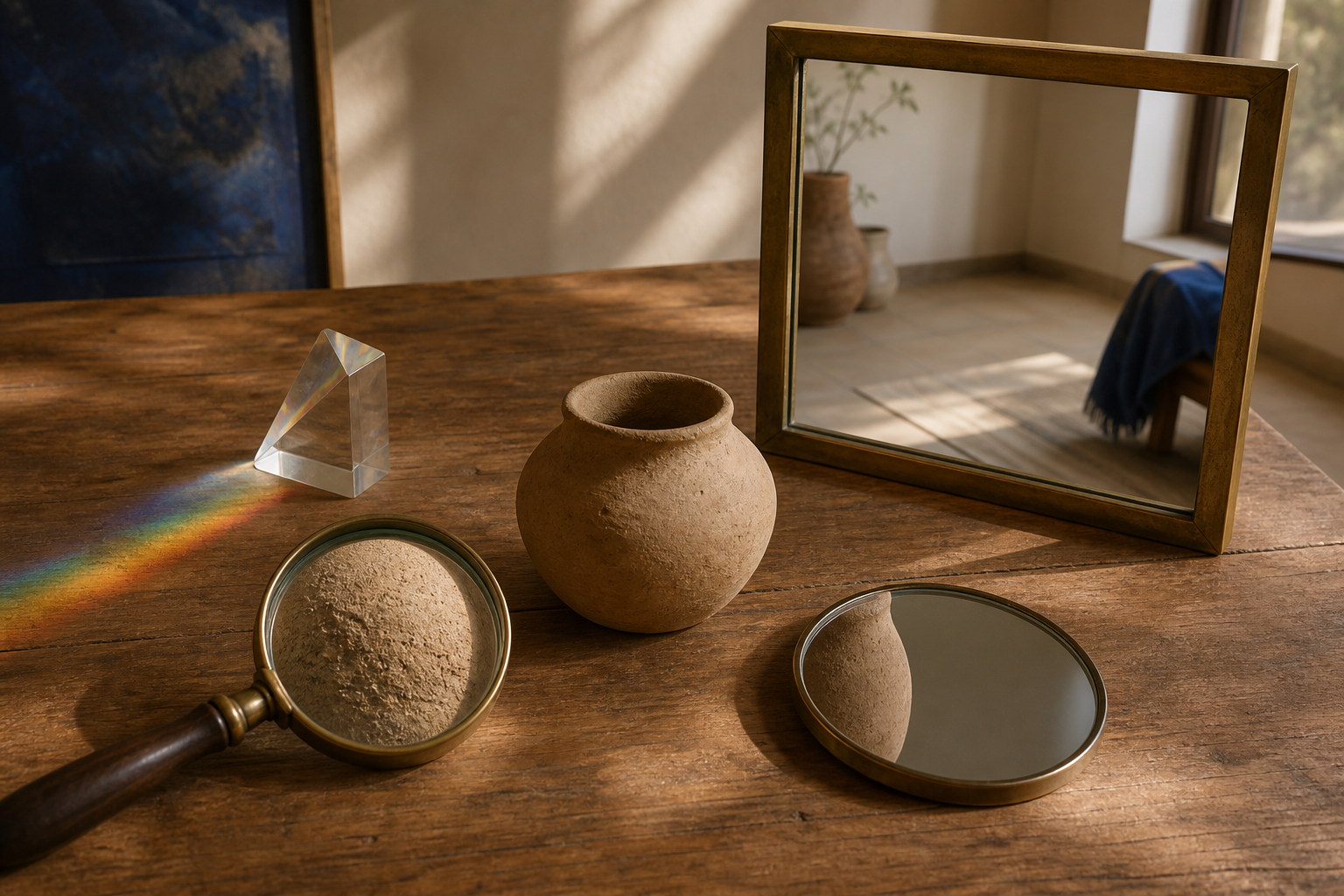 A clay vessel is surrounded by a magnifying lens, mirror, prism, and open brass frame on a sunlit wooden table.