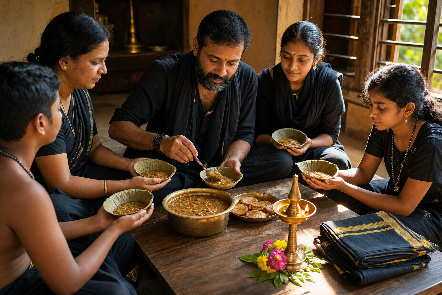 A returning pilgrim shares aravana payasam and appam prasadam with family members at home beside a brass oil lamp.
