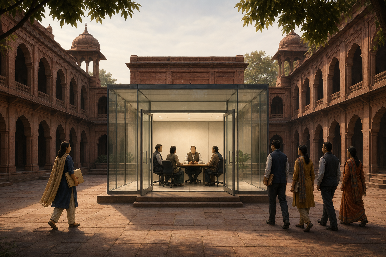 Anonymous university faculty members approach a transparent inquiry room in the courtyard of a red-sandstone academic campus.