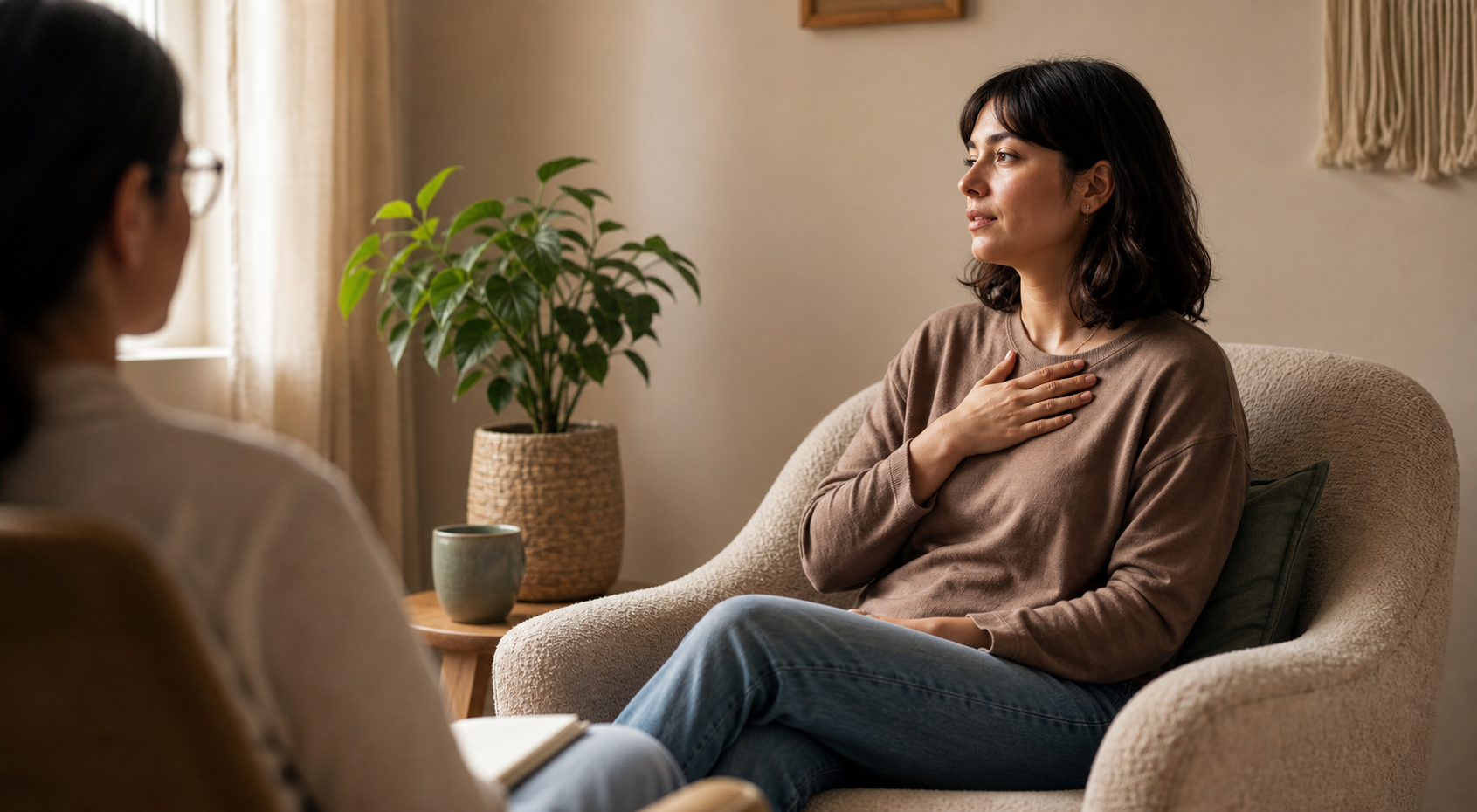 An adult focuses on a point in a softly lit therapy room while a therapist sits nearby with an attentive posture.