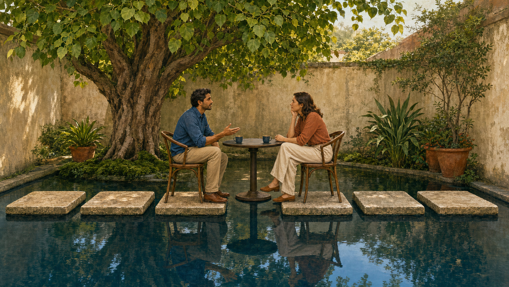 Two adults have a calm conversation beside a garden path made of six broad stepping stones.