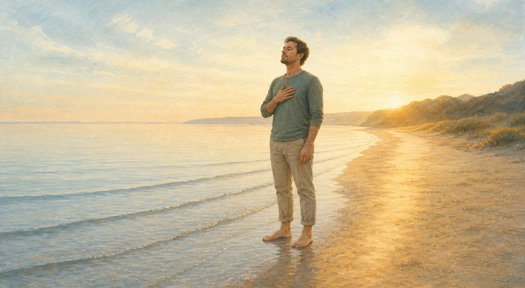 An adult stands on a calm shoreline as small waves reach their feet beside a warm path back across the sand.