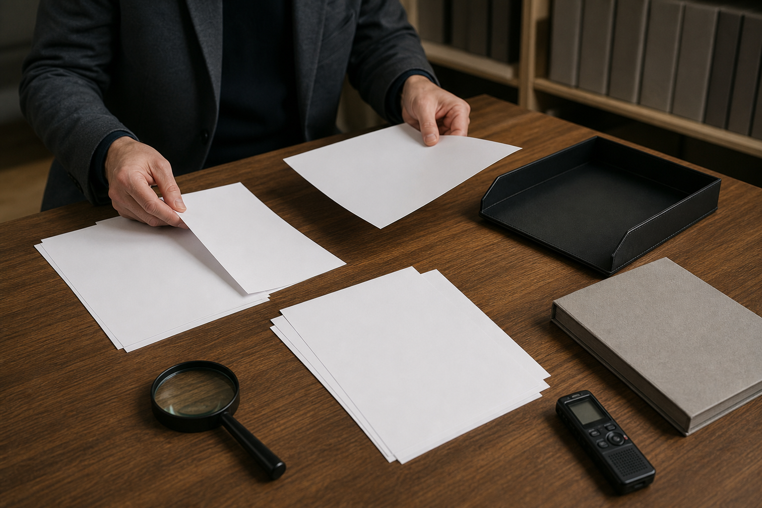 Hands compare groups of blank documents with a magnifying glass, file, document tray, and audio recorder on a wooden desk.