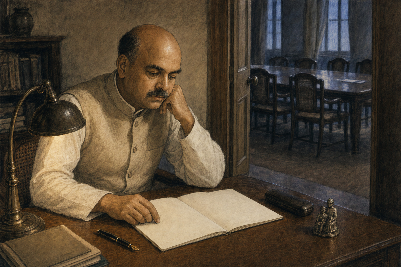 Syama Prasad Mookerjee pauses over a blank personal letter at a lamplit desk while an empty committee room is visible beyond the doorway.