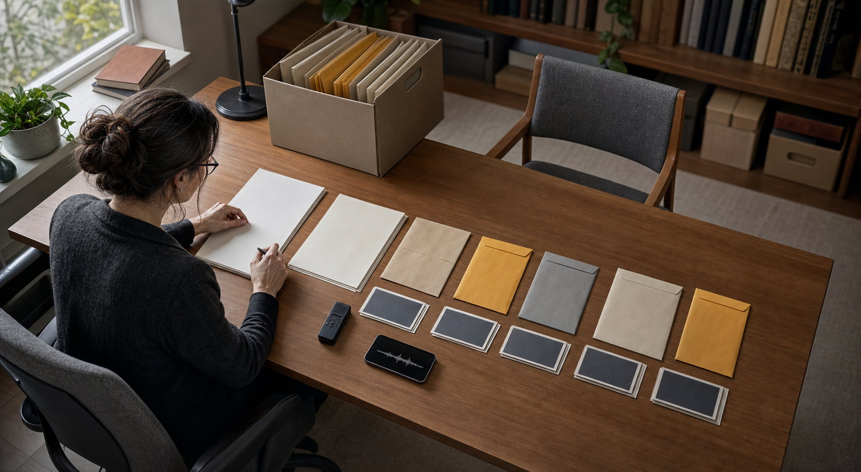 A professor organizes blank documents, sealed envelopes, a recorder and other materials into an orderly evidence record at a desk.