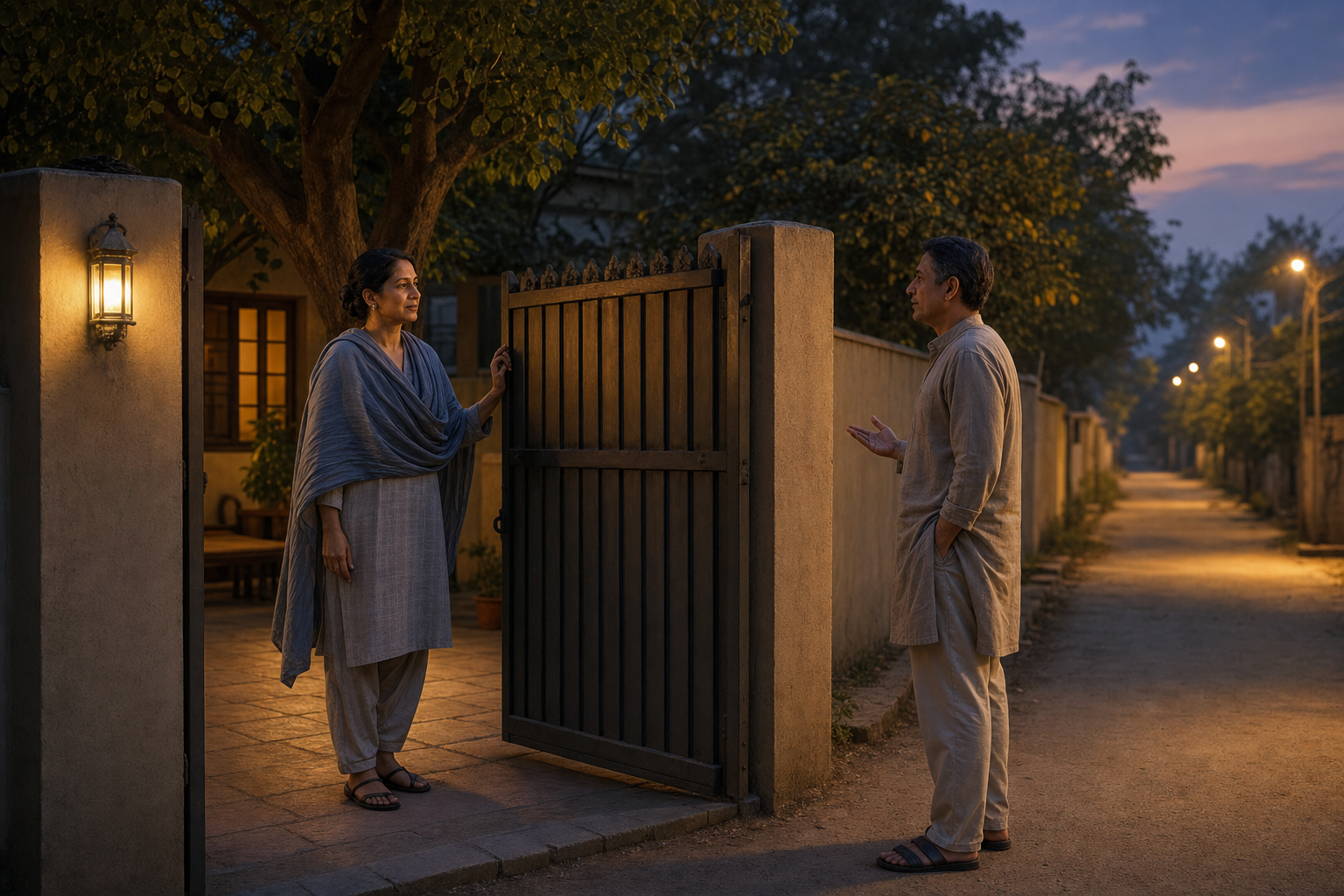 A calm adult holds a courtyard gate partly closed while listening to another person standing outside.