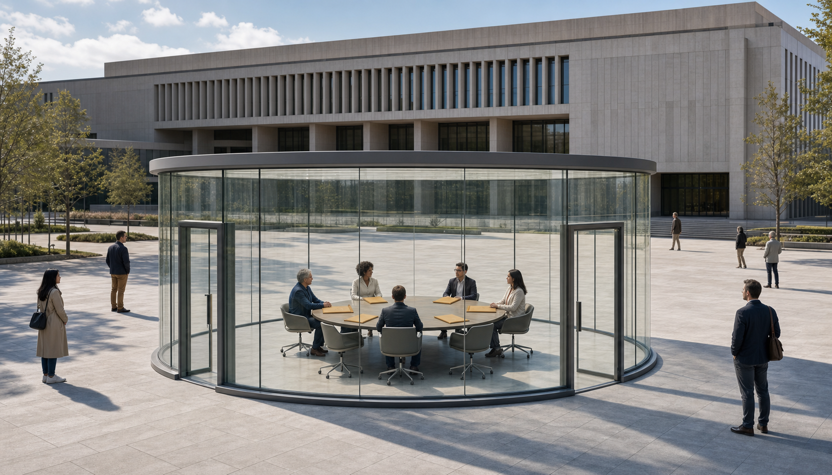 An independent review panel meets inside a transparent pavilion separated from a university administration building.