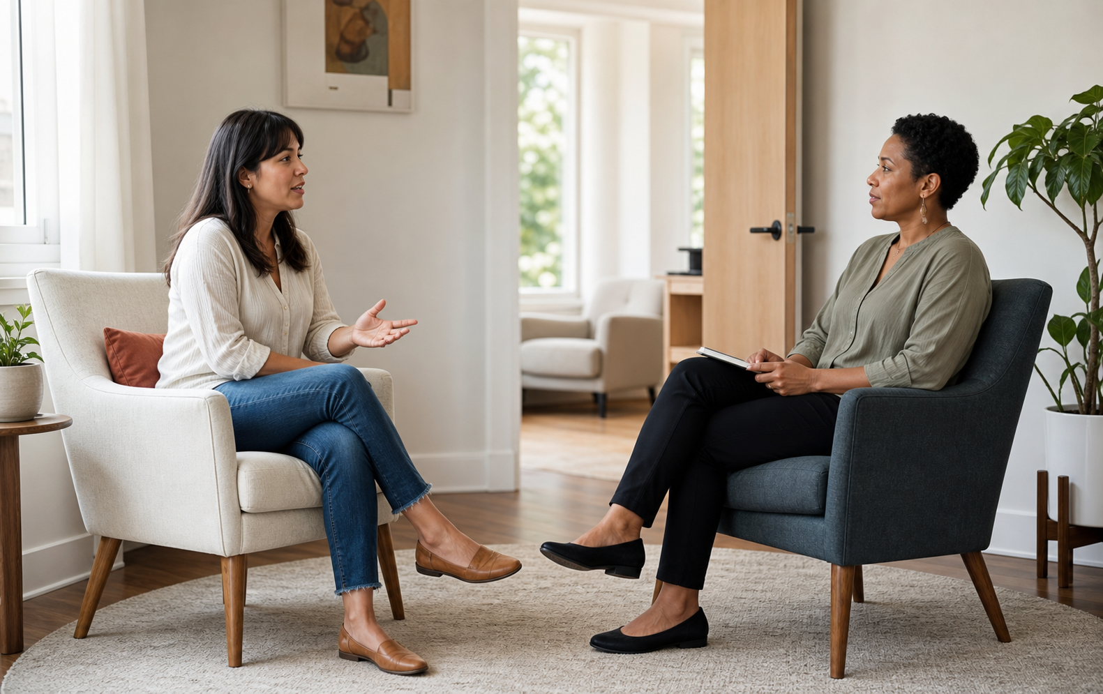 A prospective client gestures while speaking with a therapist in a bright office with two angled chairs and an open doorway.