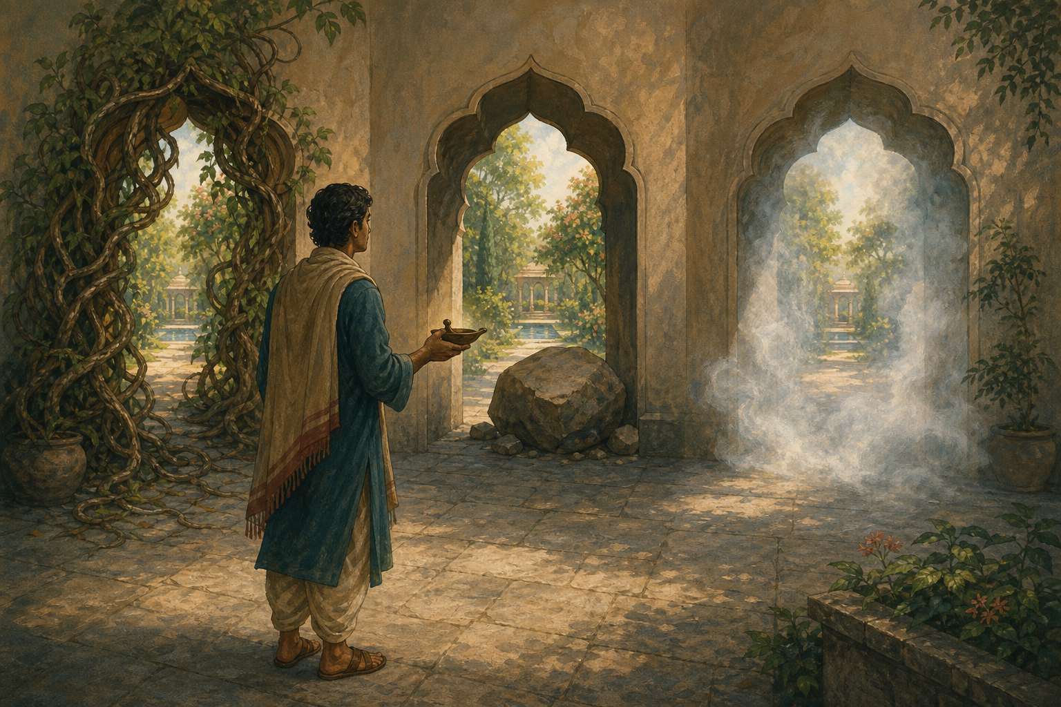 A person in a stone courtyard considers three arched entrances obstructed by mist, vines, and a large stone.