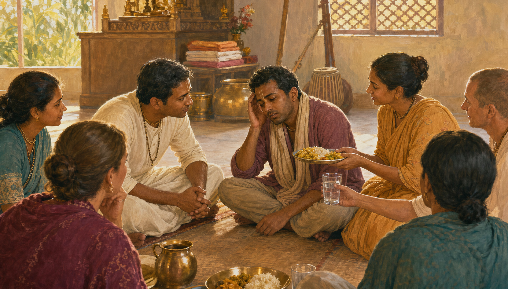 Vaishnava community leaders and volunteers sit in a circle while one leader listens to a tired devotee and another person offers prasada and water.