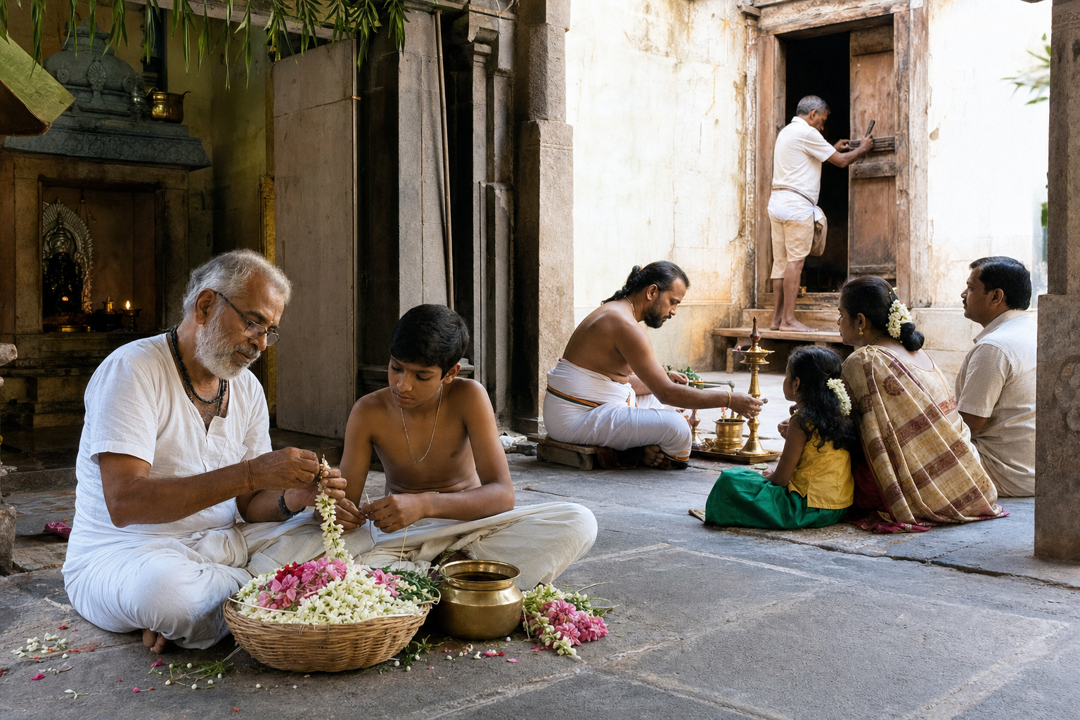 Several generations carry out worship, flower preparation, and careful repairs in the courtyard of an old but actively used stone temple.