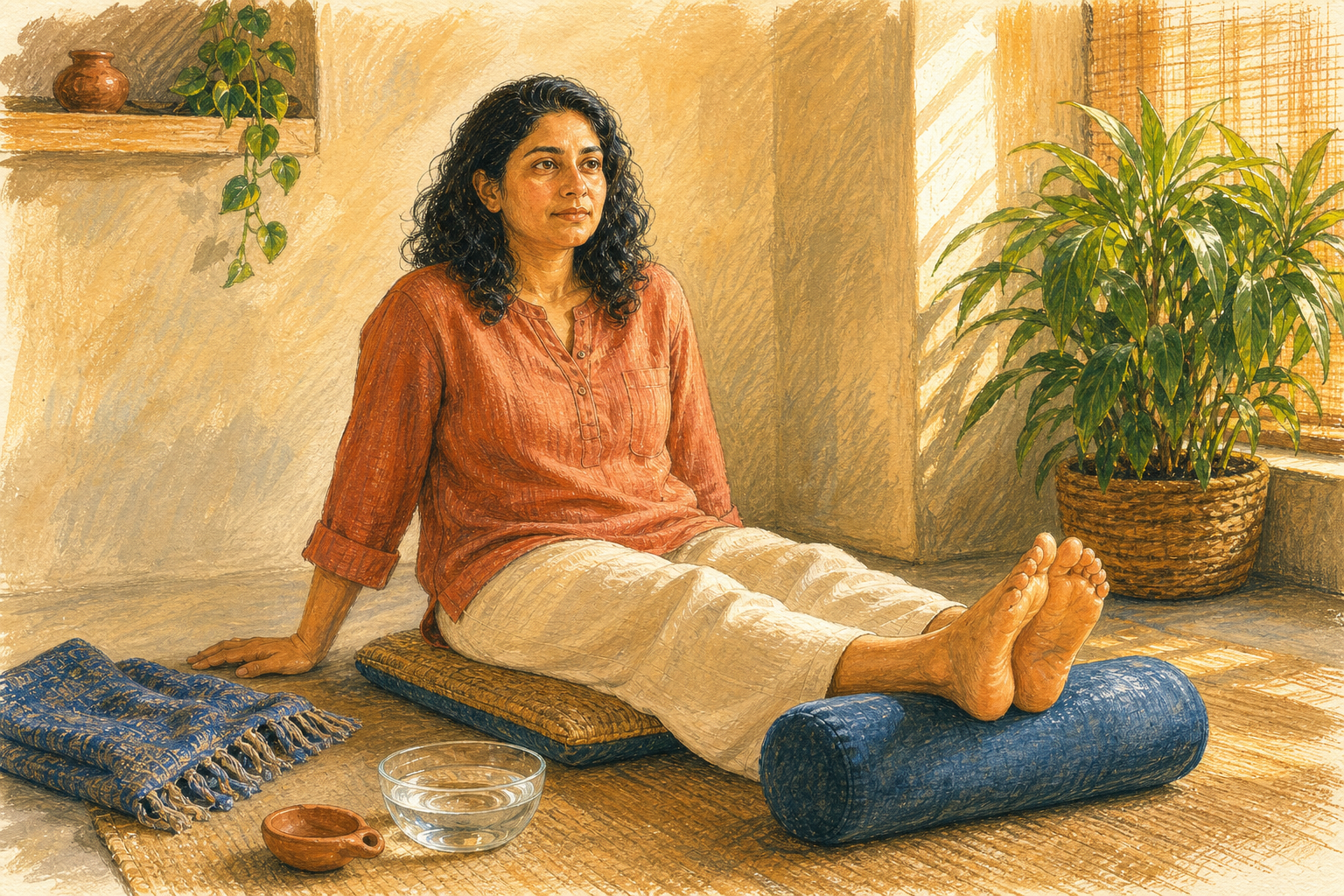 An adult sits with eyes open and one hand on the floor in a sunlit room beside a cushion, clay lamp, water bowl, and plant.