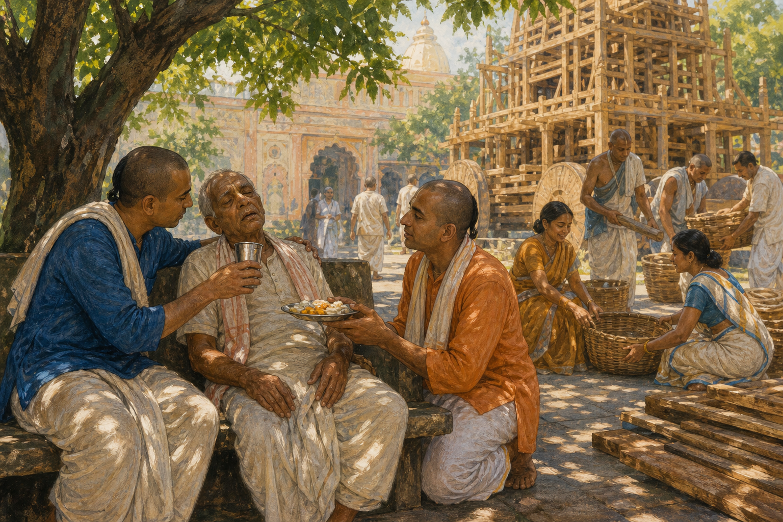 Two temple coordinators give water and prasada to a resting older volunteer while other devotees redistribute project supplies in a courtyard.