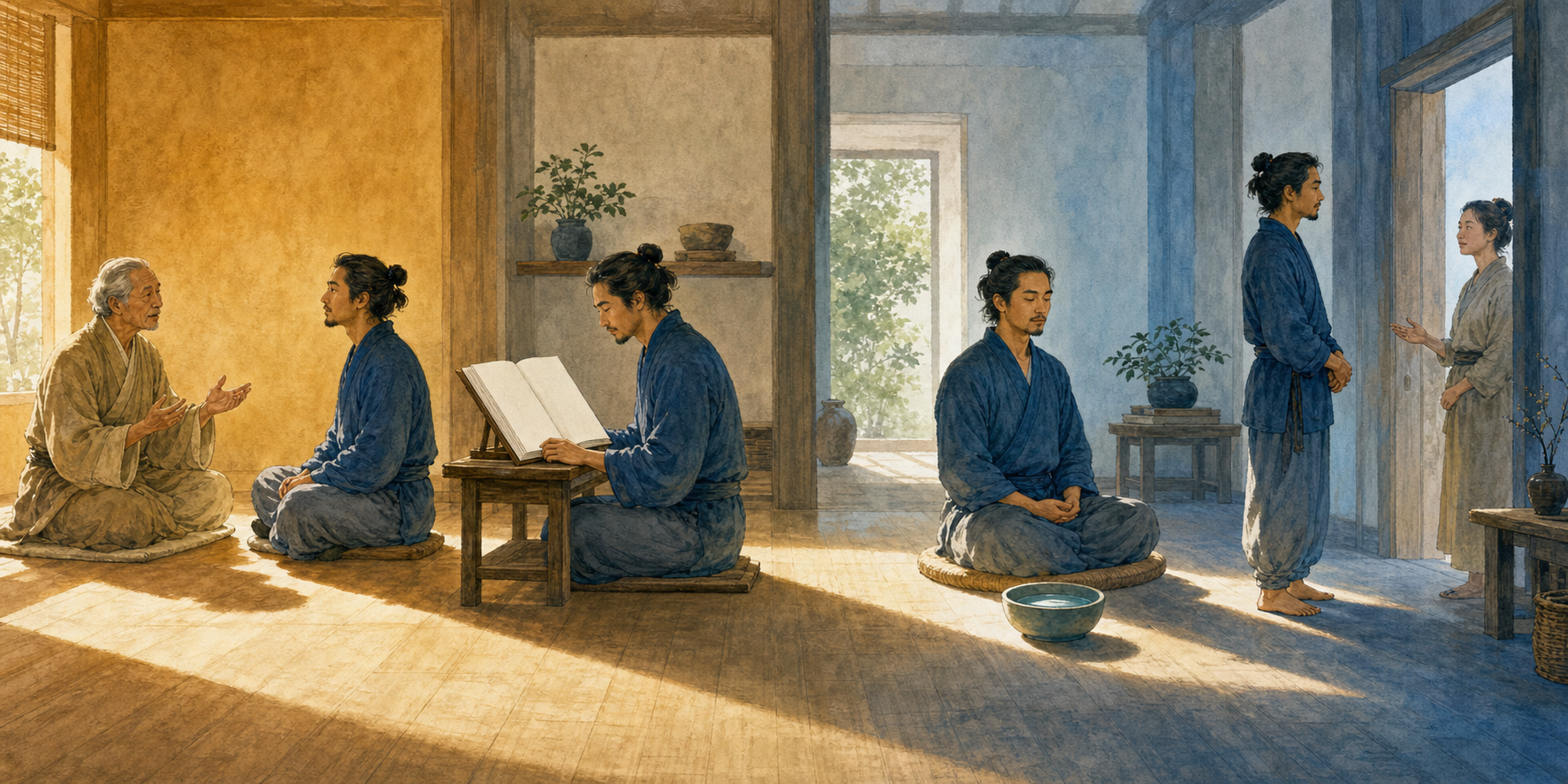 Four moments in one room show a practitioner listening to a teacher, studying, sitting in contemplation, and responding calmly to another person.