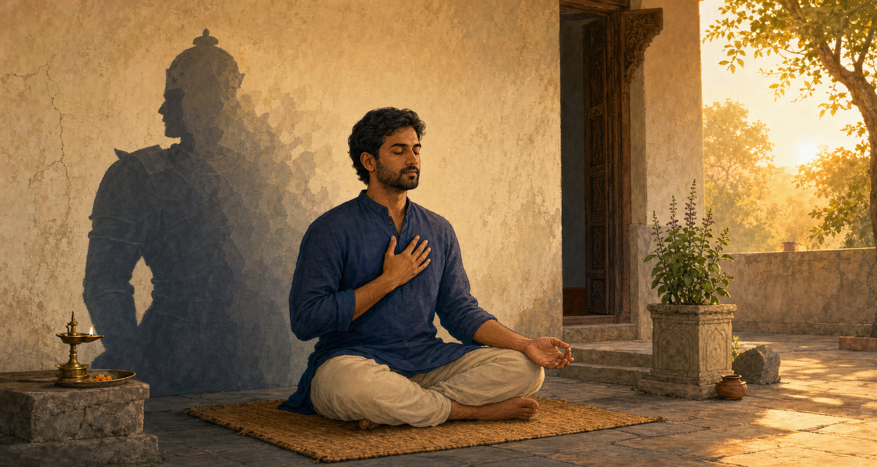 A person meditates in a dawn-lit courtyard as a large shadow behind them softens at the edges near an open doorway.