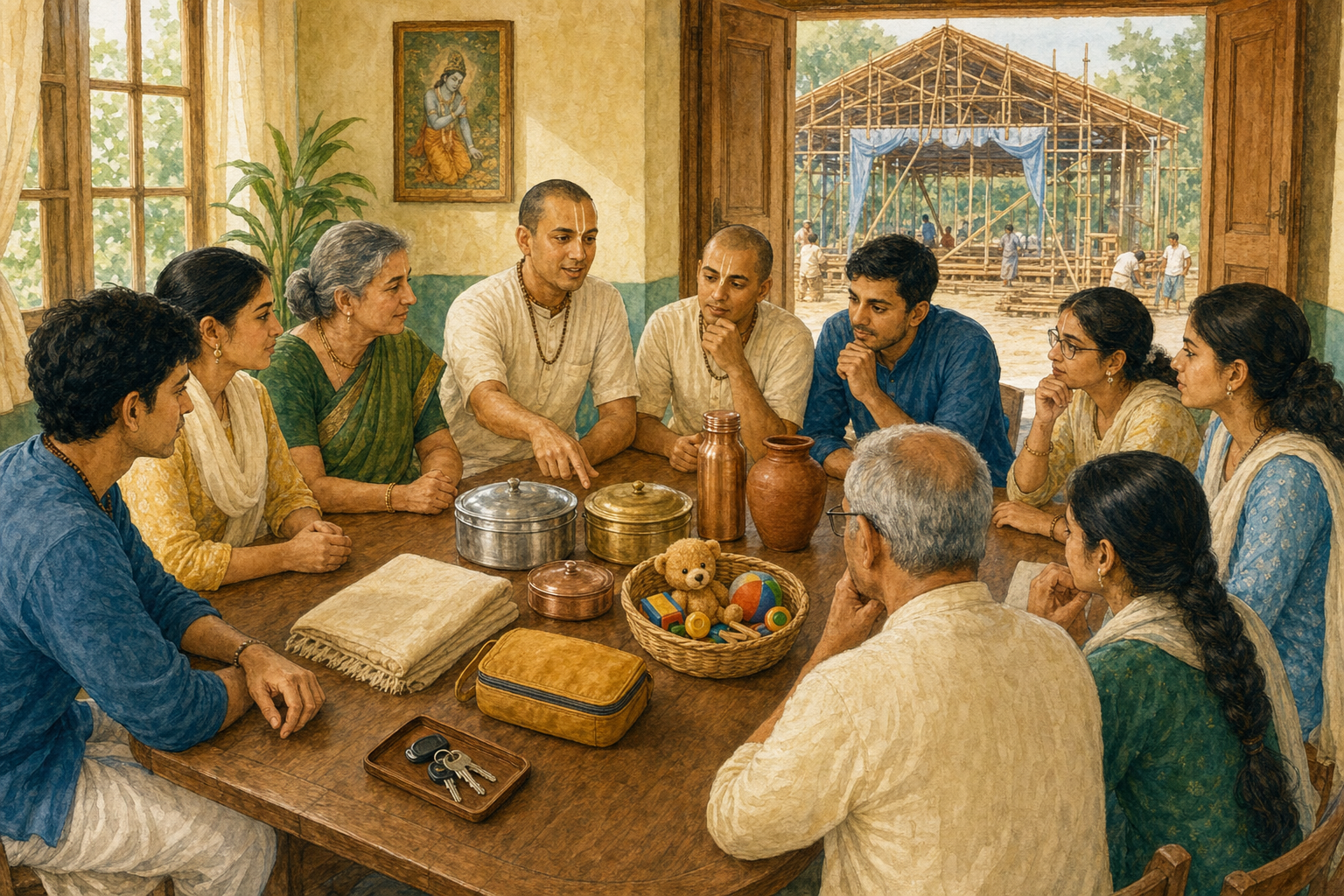 Vaishnava leaders review prasada, water, first-aid, childcare, warmth, and transportation supplies before starting a community project.