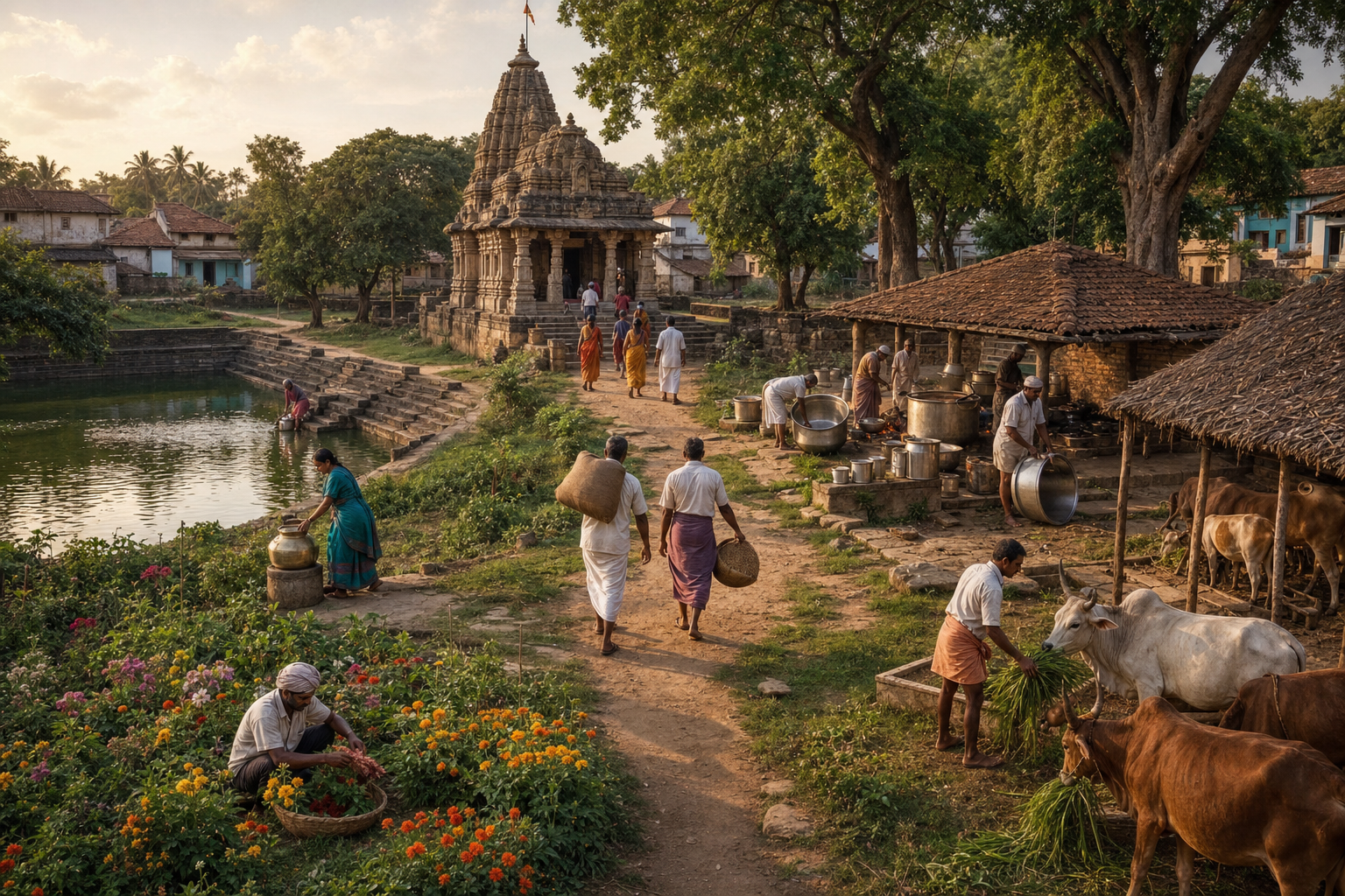 Paths connect a Hindu temple with a kitchen, flower garden, stepped pond, cattle shelter, grove, and homes as community members perform different acts of service.