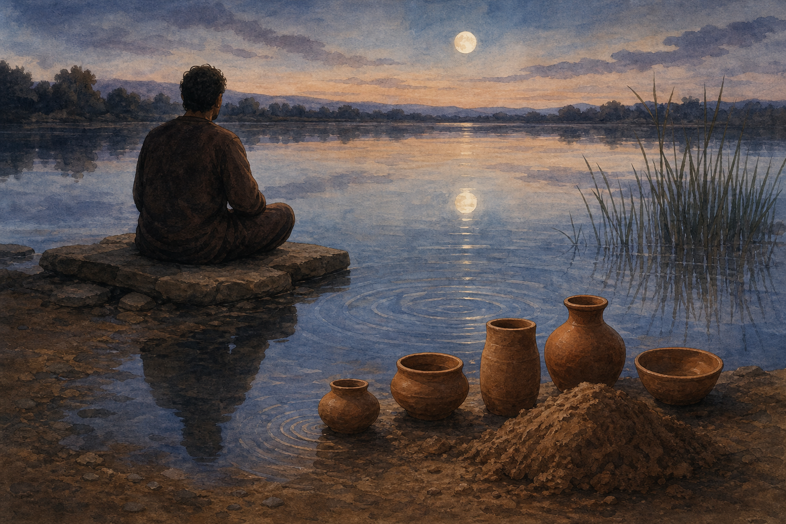 A person sits beside a lake filled with reflections while several clay vessels and a mound of raw clay rest in the foreground.