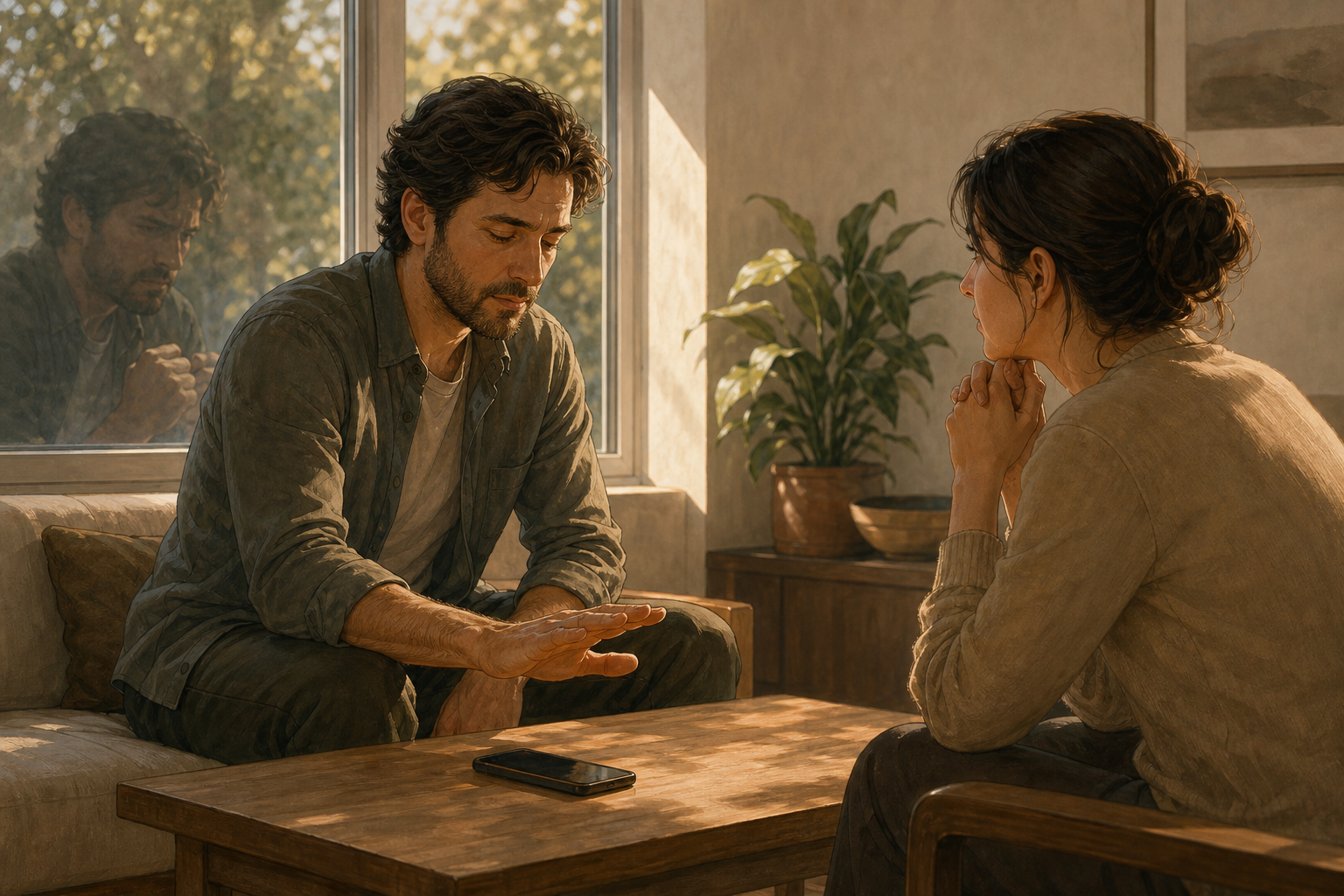 Two people sit in a tense conversation while one pauses with an open hand and relaxed posture before responding.