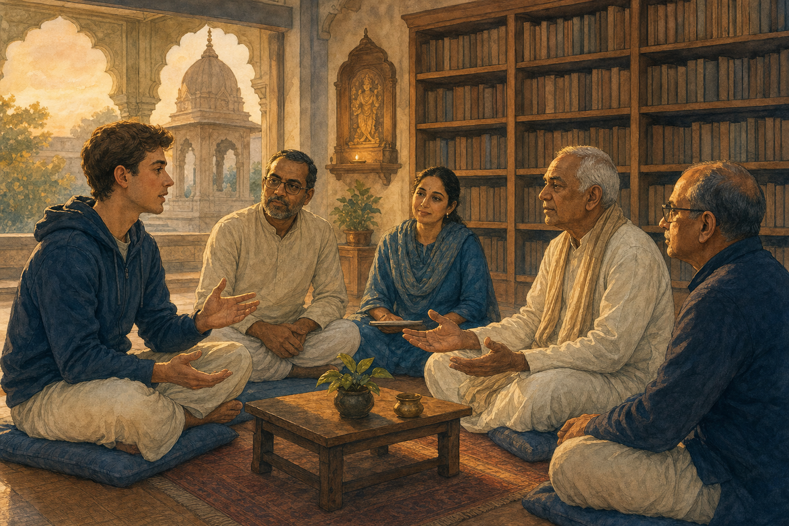 A young Vaishnava volunteer speaks in a small temple-library circle while senior leaders listen attentively at eye level.