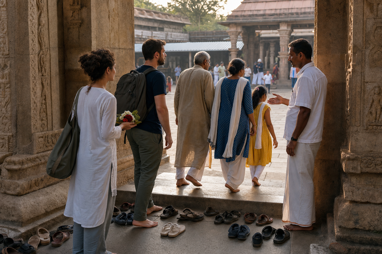Visitors pause barefoot at an active temple courtyard, carrying flowers and following the guidance and pace of local worshippers.