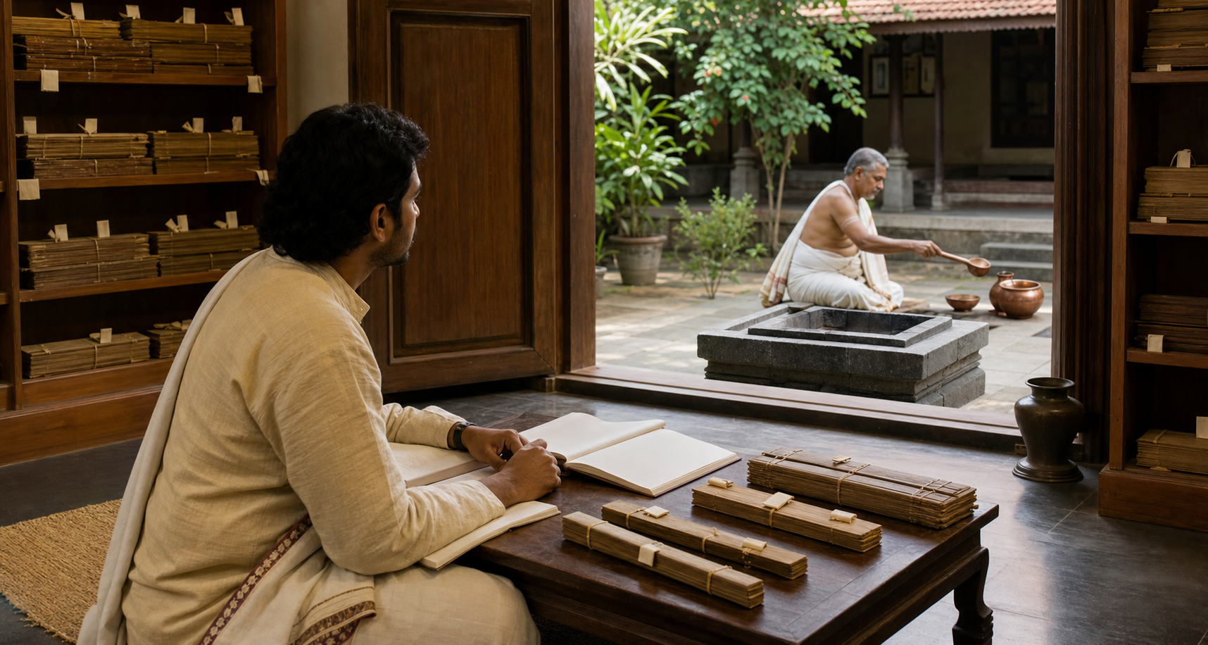 A researcher compares manuscript bundles at a low desk while an experienced teacher demonstrates the placement of ritual implements beside an unlit altar.