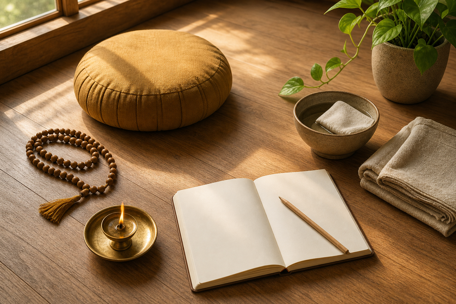 A meditation cushion, prayer beads, oil lamp, service bowl, and blank journal are arranged together in morning light.