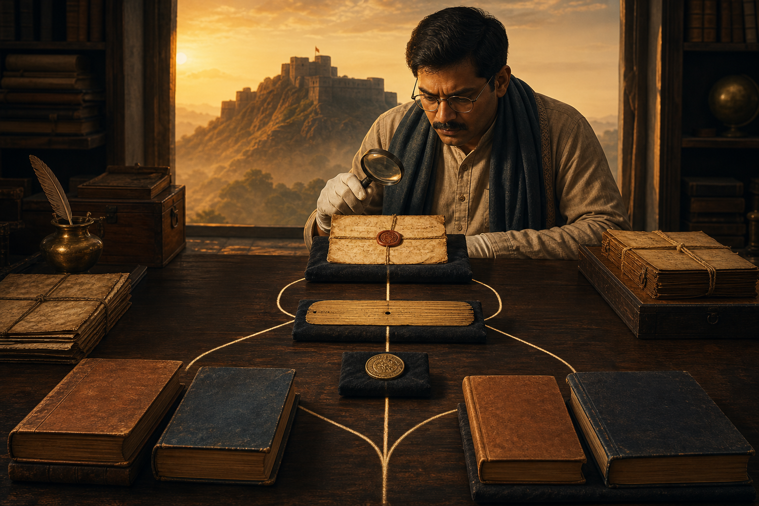 A researcher compares old documents, a coin, and later books at an archive table, with a hill fort visible in the distance.