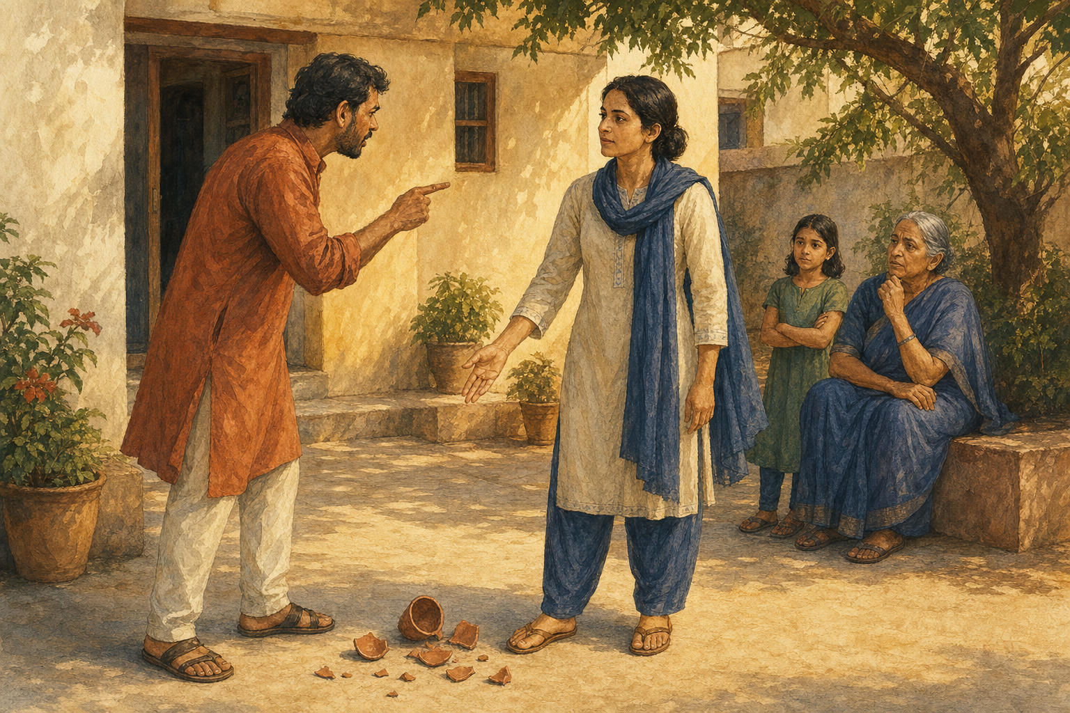 A composed person pauses beside a broken clay cup while another adult gestures tensely and two family members look on.