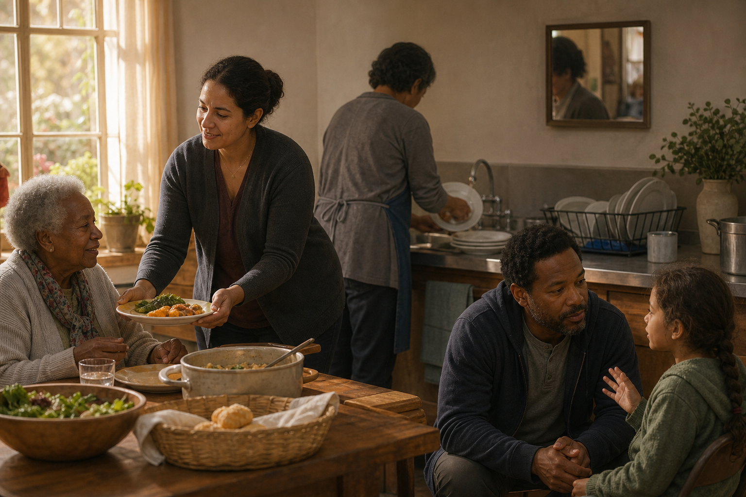 People quietly serve food, wash dishes, and listen to a child in a community kitchen.