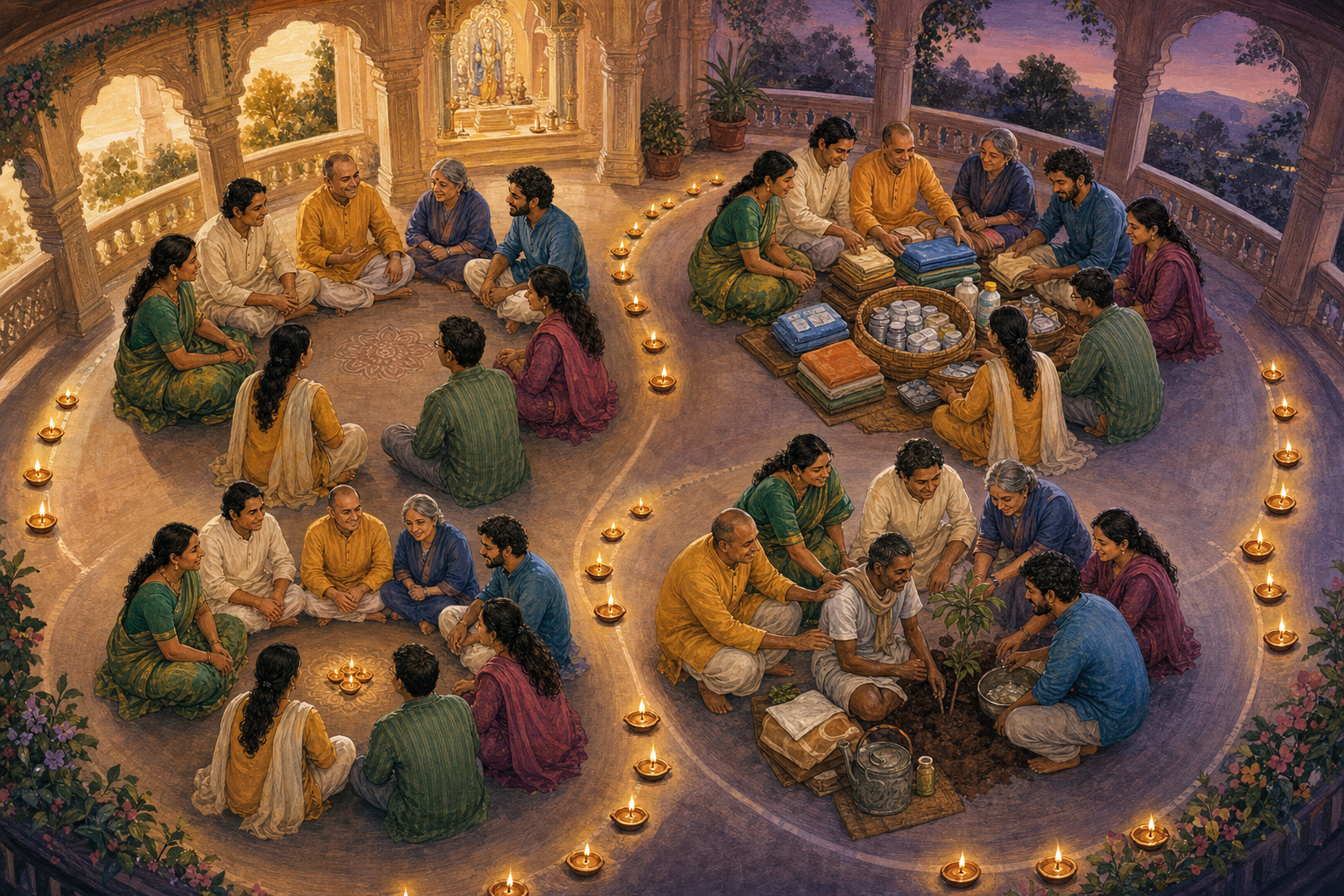 A circular temple-veranda scene shows community leaders listening, reviewing care supplies, supporting volunteers, and meeting again to reflect.