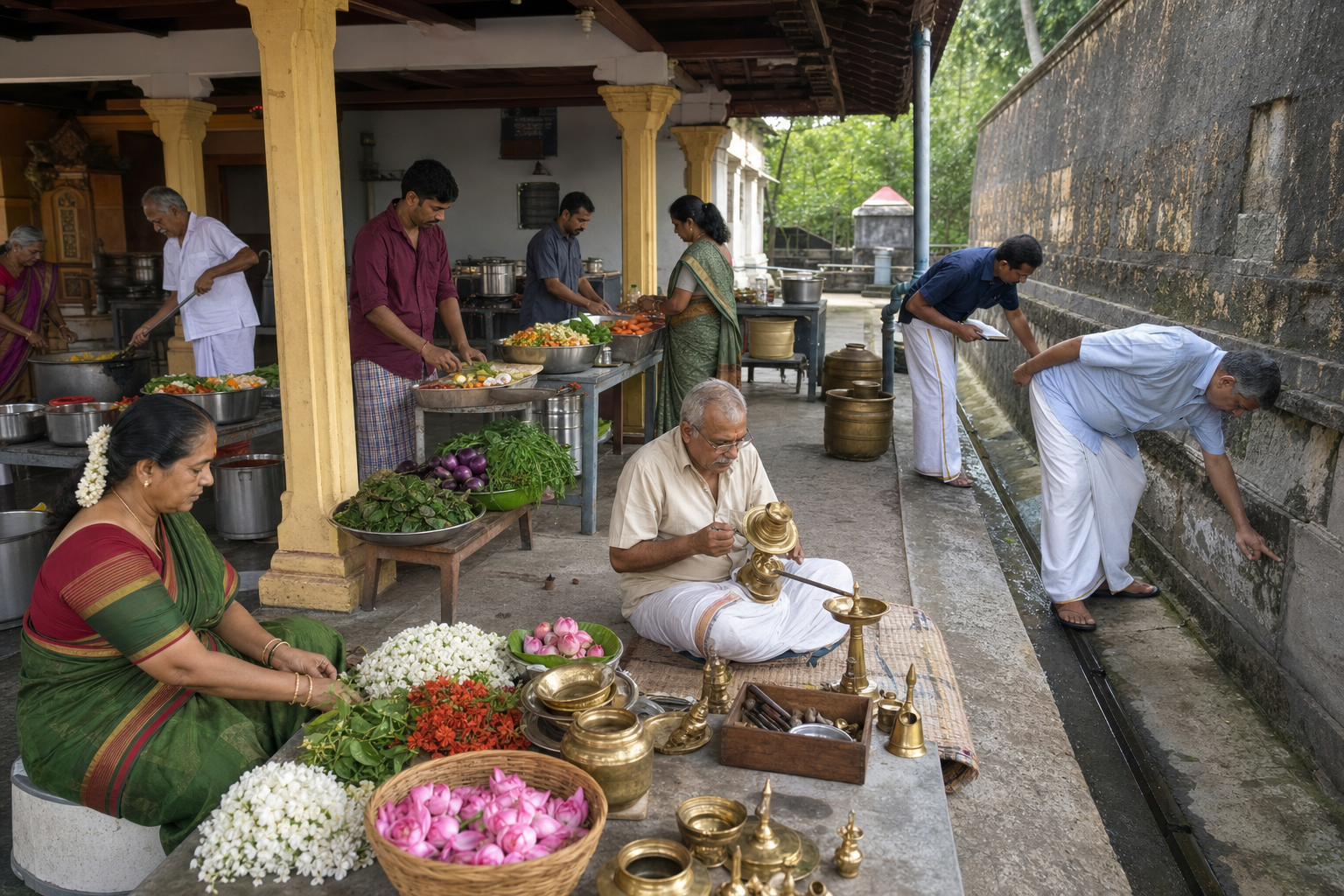 Temple community members cook a vegetarian meal, repair a brass lamp, maintain stone drainage, and organize flowers and vessels in a shaded service courtyard.