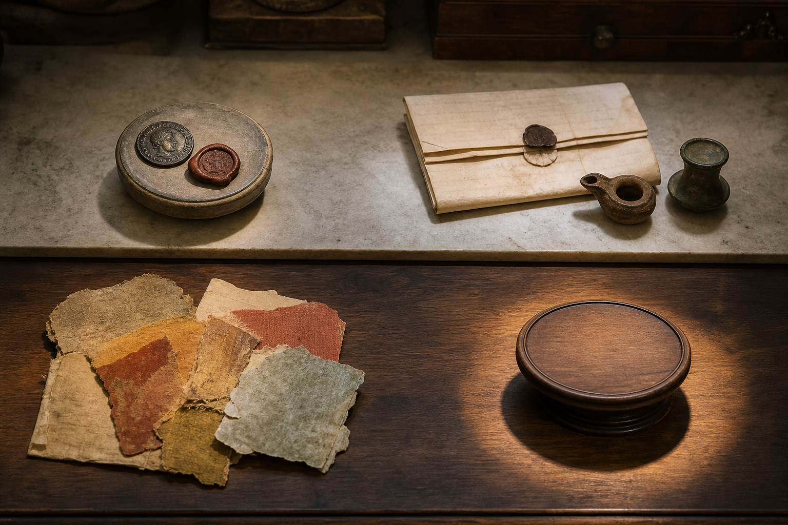Four unlabeled groups of documents and artifacts are arranged separately on a table to represent different kinds of historical claims.