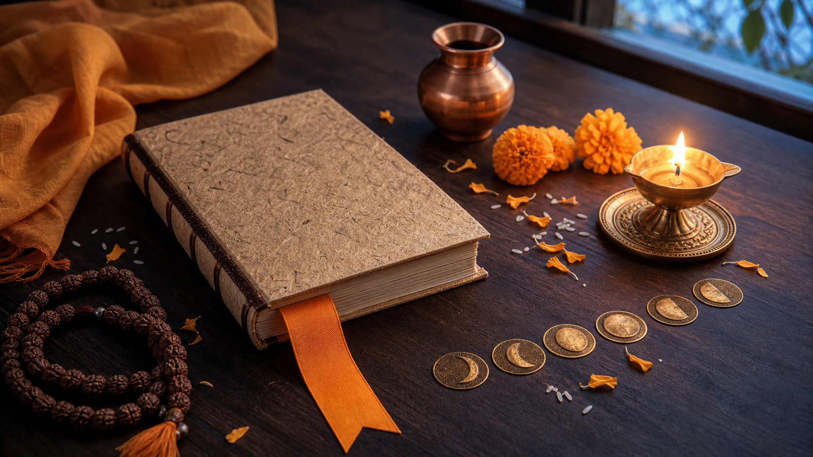 A brass diya, copper vessel, prayer beads, flowers, and moon-phase medallions arranged beside a closed almanac on a wooden table at winter dawn.