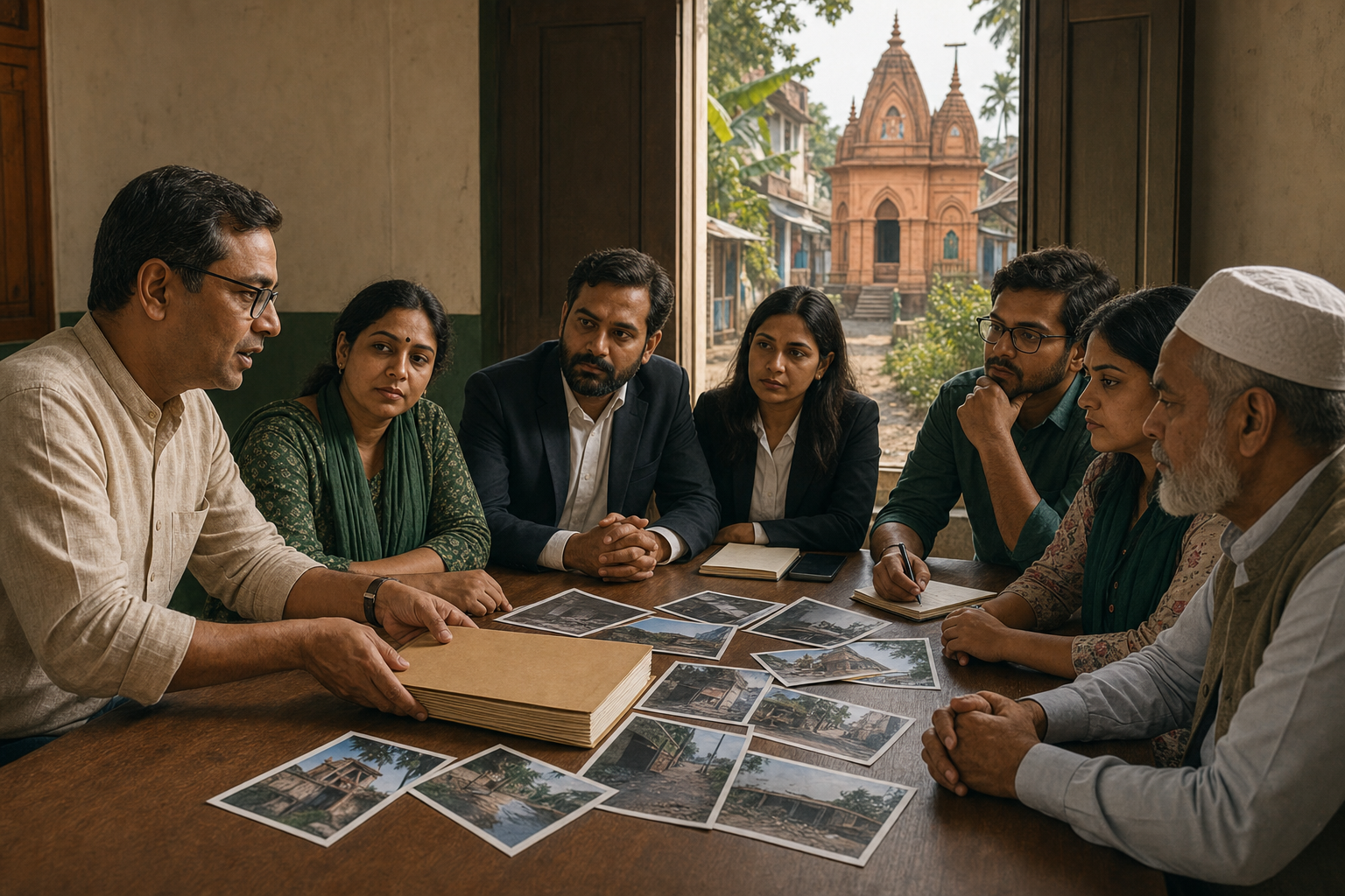 A Hindu community representative presents an evidence folder to South Asian lawyers, journalists, researchers, and interfaith allies in a Bengali meeting room, with a small temple visible outside.